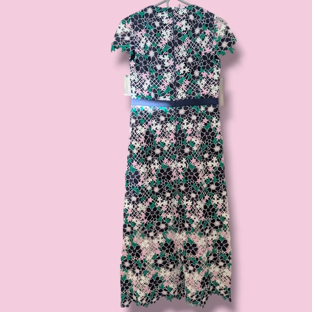 Anthropologie Green Purple Floral Crochet Embroidered Cap Sleeve Midi Dress SM - Picture 3 of 11